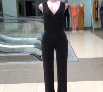 Sleeve-less sexy black jumpsuit with shinny stripes
